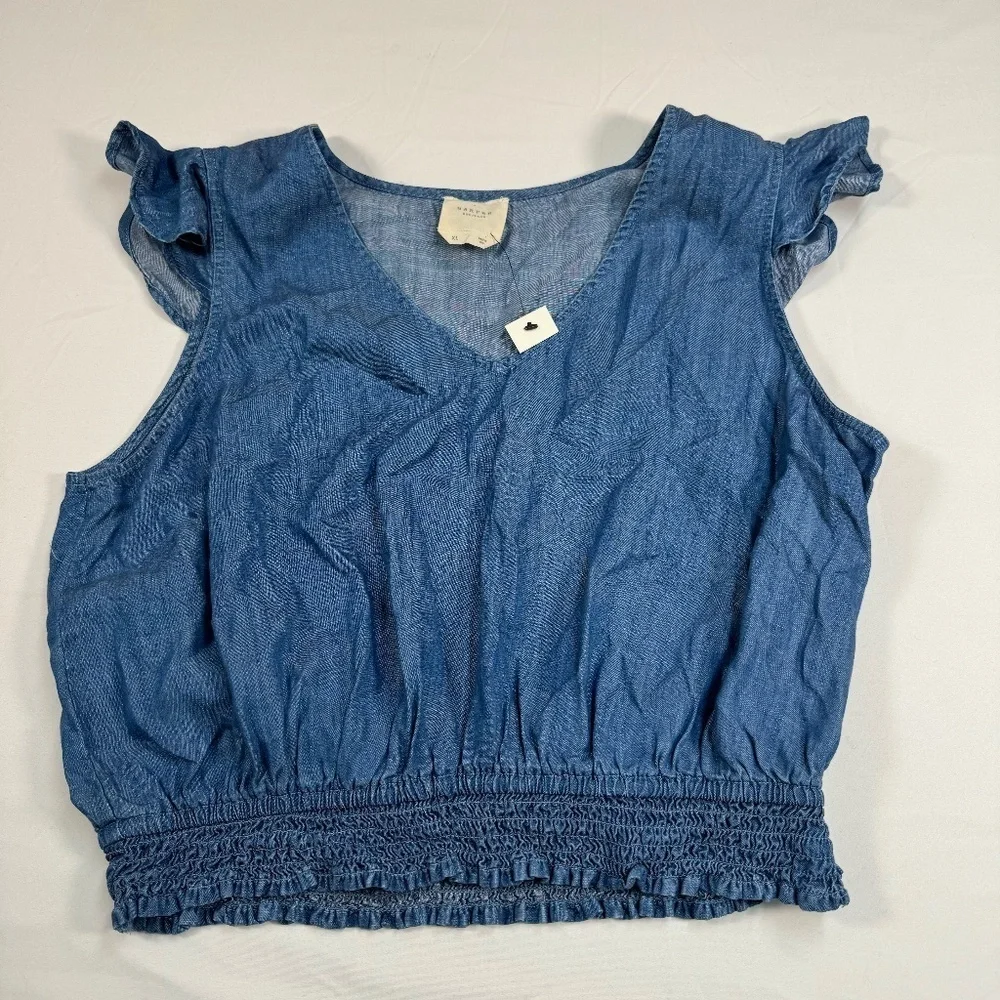 NWOT Womens Harper Heritage Denim Chambray Flutter Sleeve Smocked Waist Top XL